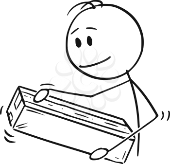 Cartoon stick figure drawing conceptual illustration of man packing or unpacking cardboard paper box or package.