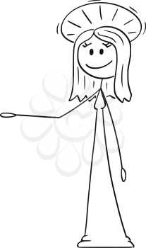 Cartoon stick figure drawing conceptual illustration of holy woman with halo around head is offering, showing or pointing at something.