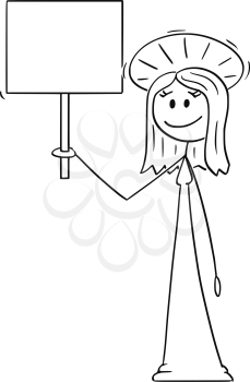 Cartoon stick figure drawing conceptual illustration of holy woman with halo around head holding empty sign.