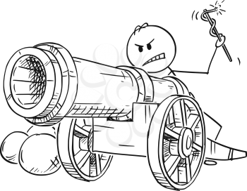 Cartoon stick figure drawing conceptual illustration of angry man or businessman targeting with antique cannon ready to fire.