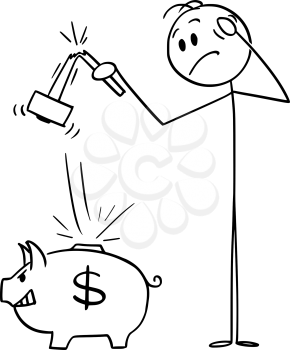 Cartoon stick figure drawing conceptual illustration of man holding broken hammer who tried to break piggy bank and get his money or savings. Business concept of banking .