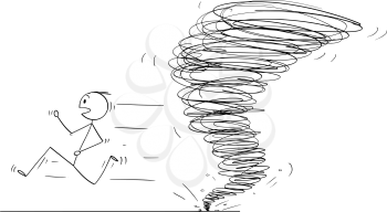 Cartoon stick figure drawing conceptual illustration of man running away from tornado vortex.