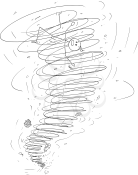 Cartoon stick figure drawing conceptual illustration of man carried away by tornado storm.