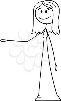Cartoon stick figure drawing conceptual illustration of smiling woman in ling dress or gown offering, showing or pointing at something.
