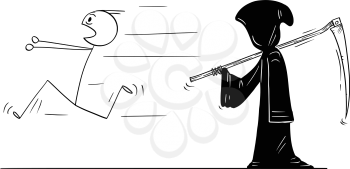 Cartoon stick figure drawing conceptual illustration of man running away from grim reaper or death with scythe and in black hood.