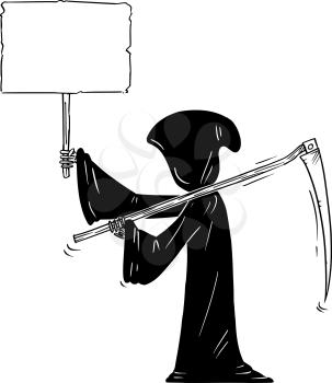 Cartoon stick figure drawing conceptual illustration of grim reaper with scythe and in black hood holding empty sign for your text.