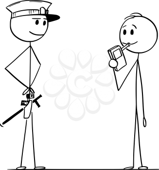 Cartoon stick figure drawing conceptual illustration of controlling alcohol level of man or driver.