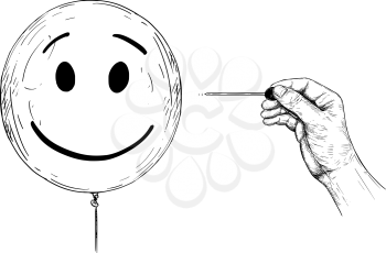Cartoon drawing conceptual illustration of hand with needle or pin popping balloon with human face representing personality and mental health.