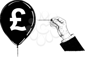 Cartoon drawing conceptual illustration of hand of businessman with needle or pin popping pound sterling currency symbol balloon.