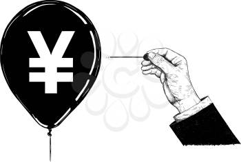 Cartoon drawing conceptual illustration of hand of businessman with needle or pin popping Japanese yen or Chinese yuan currency symbol balloon.