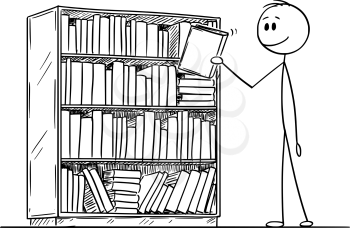 Cartoon stick figure drawing conceptual illustration of man or reader taking book from book case. Concept of education.
