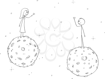 Cartoon stick figure drawing conceptual illustration of man and woman who each live on lonely planet meet together in space. Metaphorical illustration of relationship and love.