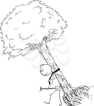 Cartoon stick figure drawing conceptual illustration of man carrying big tree to plant it. Nature, ecology and environmental concept.