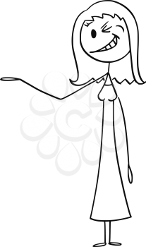 Cartoon stick figure drawing conceptual illustration of smiling and winking woman or businesswoman pointing his hand and offering or showing something.