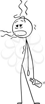 Cartoon stick figure drawing conceptual illustration of drunk or drunken man holding bottle in hand and belching.