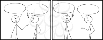 Two cartoon frames of stick figure drawing of two men or businessmen talking with empty or blank text or speech bubbles or balloons above. You can add your text.