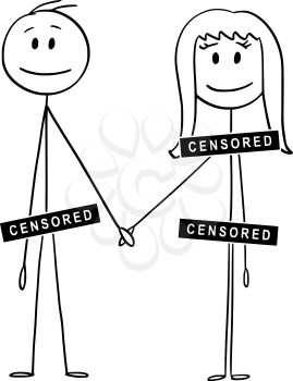 Cartoon stick figure drawing illustration of naked or nude couple of man and woman with penis, groin, crotch, genitalia and breasts covered by censored bar or sign. Metaphor of nudity control.