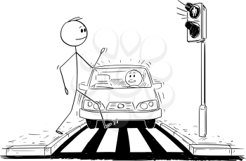 Cartoon stick figure drawing conceptual illustration of man walking on crosswalk or pedestrian crossing ignoring that red light is on on stoplights and car is getting closer.