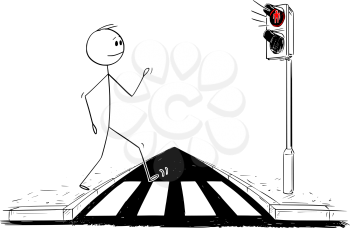 Cartoon stick figure drawing conceptual illustration of man walking on crosswalk or pedestrian crossing ignoring that red light is on on stoplights.