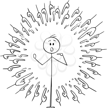 Cartoon stick figure drawing conceptual illustration of shocked man and many hands and fingers pointing at him as metaphor of selection or blame.