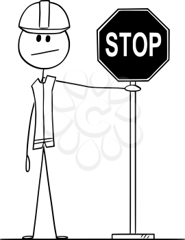 Vector cartoon stick figure drawing conceptual illustration of construction worker with hard hat holding stop traffic or road sign.