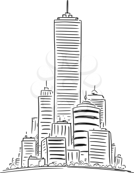 Vector artistic sketchy pen and ink drawing illustration of group of generic city high rise cityscape landscape with skyscraper buildings.