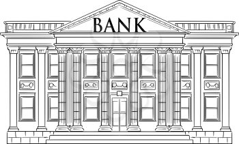 Vector black and white drawing of bank building in classic style with columns as metaphor of stability, money, finance and investment.
