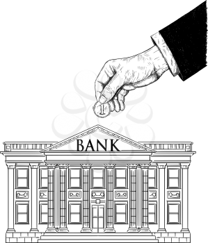 Vector black and white drawing of hand of businessman in suit putting coin in bank building as piggy bank. Metaphor of corporate investment and finance.
