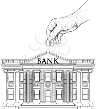 Vector black and white drawing of hand putting coin in bank building as piggy bank. Metaphor of investment and finance.