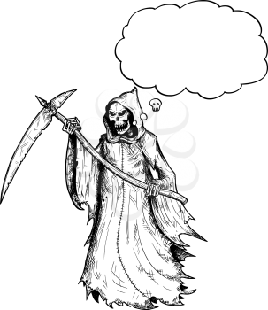 Cartoon stick figure drawing conceptual illustration of grim reaper with scythe and in black hood and with empty text or speech bubble or balloon.