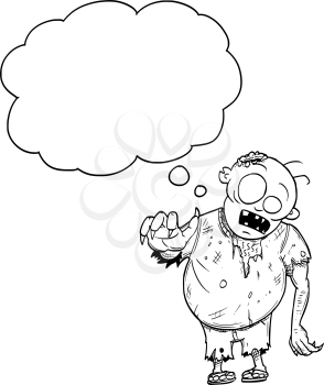 Cartoon drawing conceptual illustration of fat crazy Halloween monster zombie with empty speech bubble or text balloon.