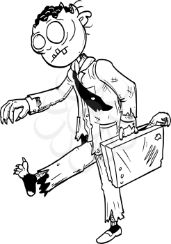 Cartoon drawing conceptual illustration of crazy Halloween monster zombie businessman with suit and briefcase.