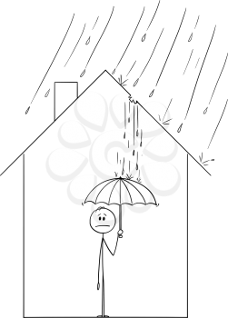 Vector cartoon stick figure drawing conceptual illustration of frustrated man holding umbrella inside his family house, because rain is coming through the hole in roof.