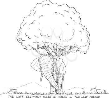 Vector cartoon drawing conceptual illustration of elephant hiding behind last tree that left from chopped down forest. The last elephant herd is hiding in the last forest. Environmental concept.