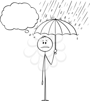 Vector cartoon stick figure drawing conceptual illustration of man or businessman standing in rain or Storm and holding umbrella. He is in safe and hidden from the crisis.