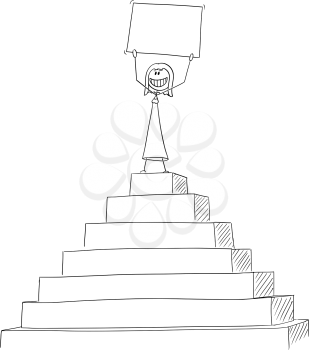 Vector cartoon stick figure drawing conceptual illustration of successful woman or businesswoman celebrating success on the peak of the pyramid with empty sign in hands.
