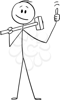 Vector cartoon stick figure drawing conceptual illustration of man or construction worker with big hammer showing thumb up gesture.