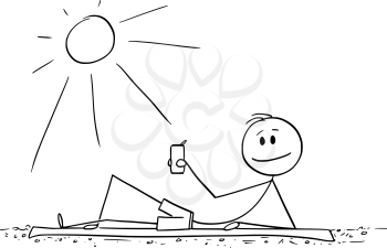 Vector cartoon stick figure drawing conceptual illustration of man lying on beach and enjoying sunny day or summer with beer can or tin in hand.