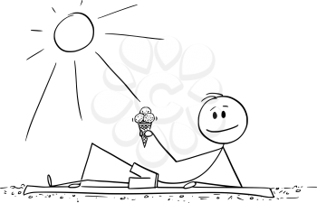 Vector cartoon stick figure drawing conceptual illustration of man lying on beach and enjoying sunny day or summer with ice cream cone in hand.