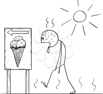 Vector cartoon stick figure drawing conceptual illustration of exhausted man walking in sunny day in summer to buy ice cream with tongue lolling out.