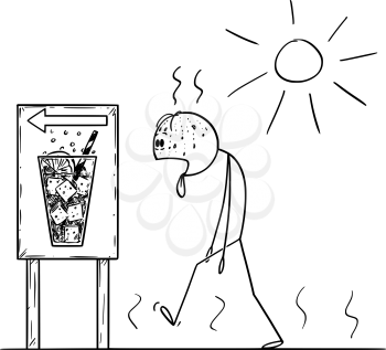 Vector cartoon stick figure drawing conceptual illustration of exhausted man walking in sunny day in summer to buy cold drink or soda with tongue lolling out.