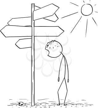 Vector cartoon stick figure drawing conceptual illustration of exhausted and thirsty man walking on hot desert and found empty signpost showing in many directions.