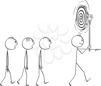 Vector cartoon stick figure drawing conceptual illustration of man, manager or business leader leading team or group of hypnotized workers. Mind Manipulation concept.