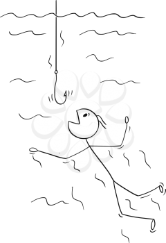 Cartoon stick drawing conceptual illustration of man or businessman swimming to be catch on empty fish hook. Business concept of bad investment and unfounded confidence.