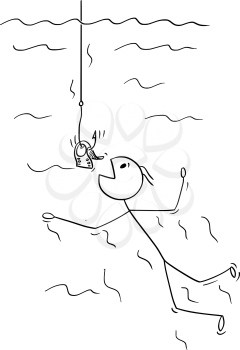 Cartoon stick drawing conceptual illustration of man or businessman swimming to be catch on dollar bill or money on fish hook. Business concept of bad investment and unfounded confidence.