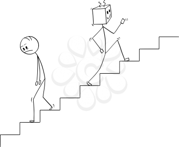 Cartoon stick man drawing conceptual illustration of human going down the stairs and robot moving up quickly. Concept of artificial intelligence or ai superiority and replacing declining mankind.