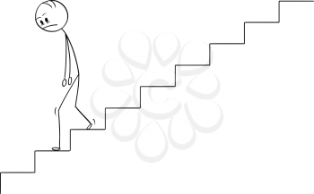 Cartoon stick drawing conceptual illustration of sad and depressed man or businessman walking downstairs. Business concept of failure and stress.