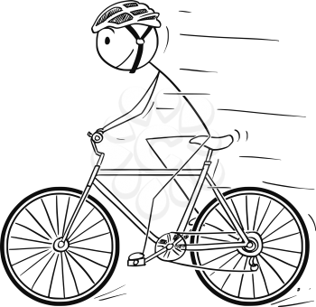 Cartoon stick drawing illustration of man in helmet riding or cycling on bicycle.