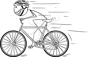 Cartoon stick drawing illustration of man in helmet riding or cycling fast on bicycle.