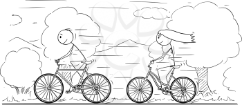 Cartoon stick drawing illustration of man and woman or girl and boy riding or cycling on bicycle trip in nature landscape or park.